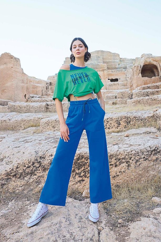 Kısa Kollu "never Give Up" 3'lü Crop Eşofman Takımı - 4