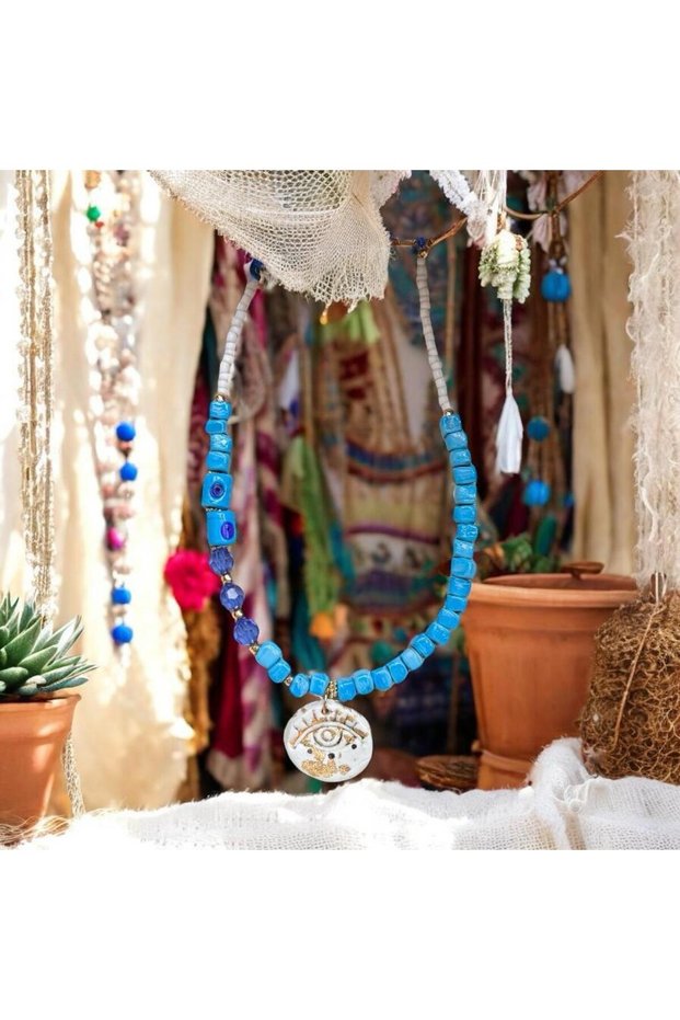 Basement Glass Beads Handmade Ceramic Gold Eye Necklace Evil Eye Beads Blue Cottage Necklace