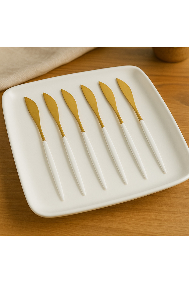 6Pcs Stainless Steel Gold White Handle Dinner Knife Round Mouth