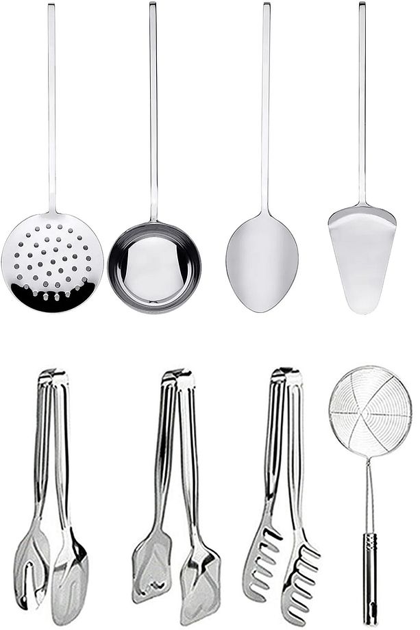 8 Parça Paslanmaz Çelik Mutfak Seti – Kevgir, Kepçe, Spatula, Maşa, Makarna Kaşığı | Servis Seti - 1