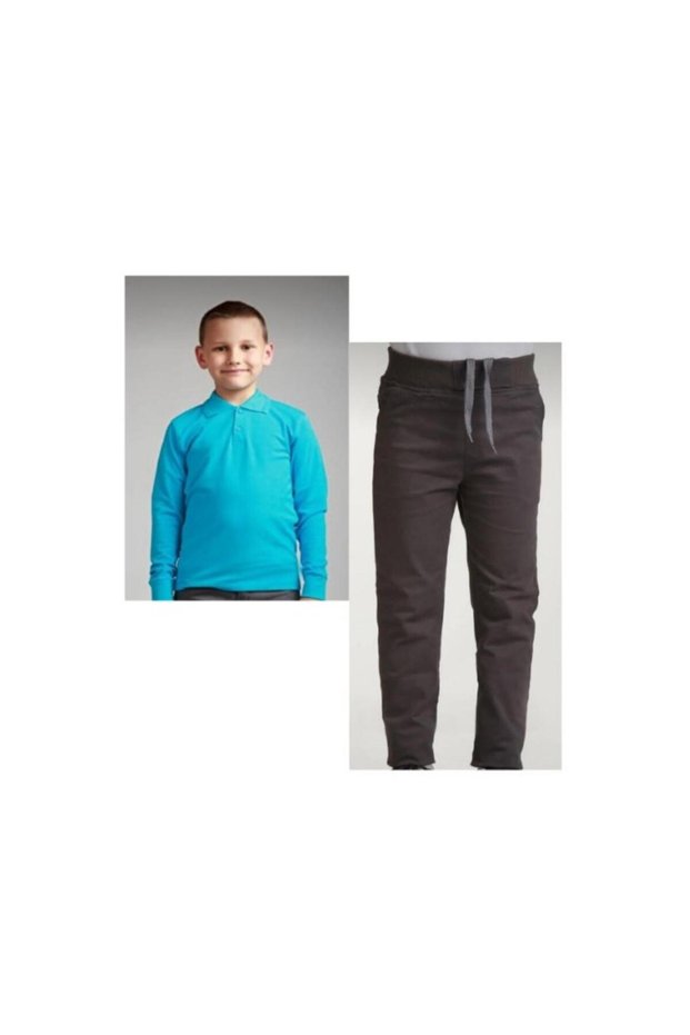 Girl-Boy Children's Smoked Ribban Waist Canvas Pants Turquoise Long Sleeve Polo Collar 100% Cotton Lakos