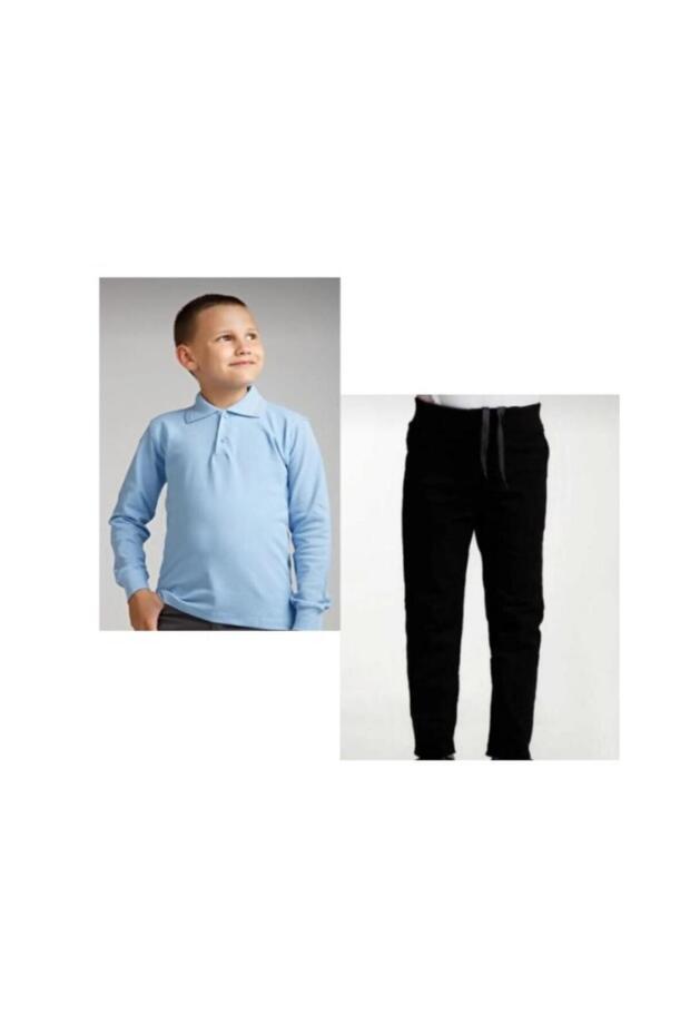 Girl-Boy Black Ribbed Waist Canvas Pants Light Blue Long Sleeve Polo Collar 100% Cotton Lakos