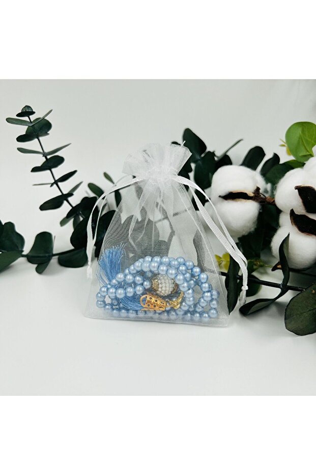 10 Pieces Baby Blue Gift Tulle Pouch Pearl Rosary (Mevli̇d-Hac-Umre-Sünnet)
