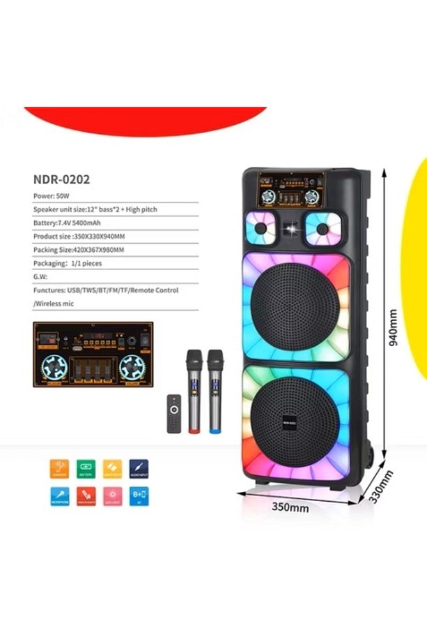 NDR Dev Bluetooth Hoparlör Dev Kareoke Ses Sistemi 2 Mikrofonlu 5000W - 5