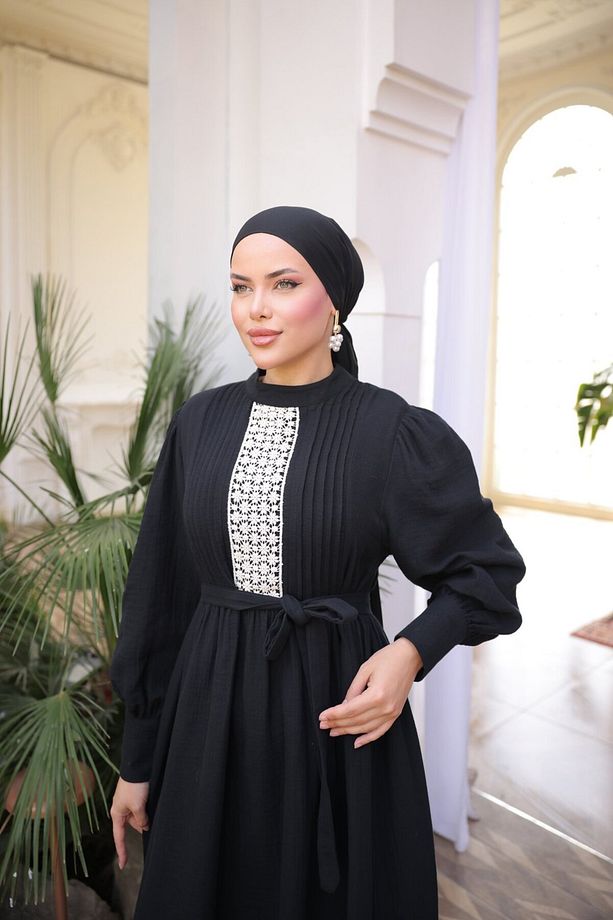 Ankanoor Dantel ve Nervürlü Müslin Elbise Anka255087 - 6