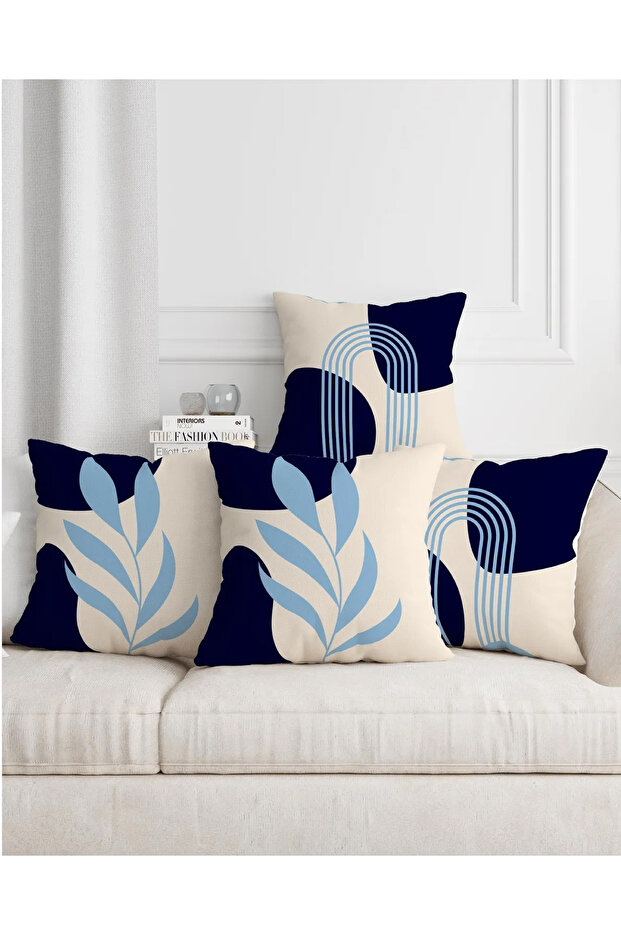 Bohemian Boho Themed Blue Cream Color Digital Printed Gift Set of 4 Throw Pillow Pillowcases