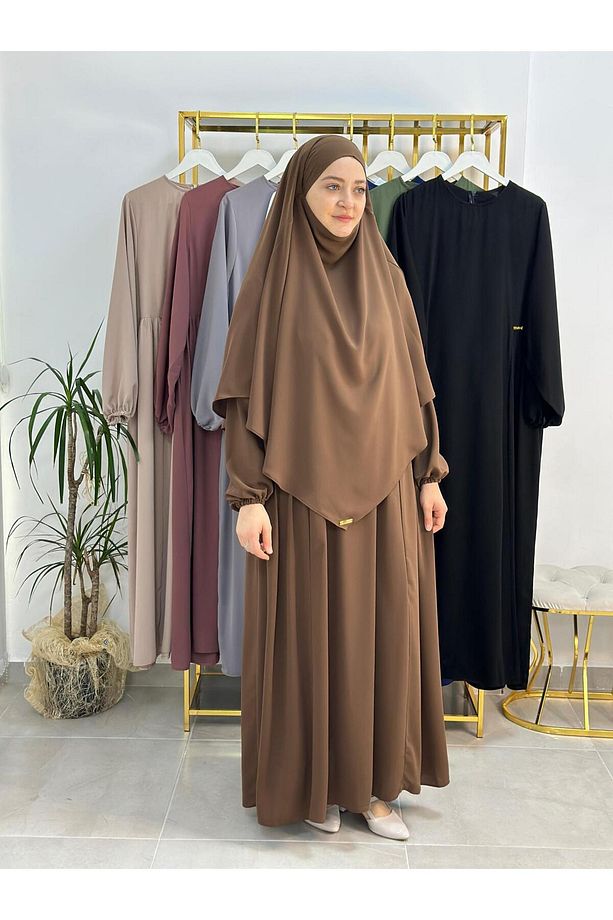 Ferace & Abaya Sufle Takım ,yandan Robalı Elbise .hac Ve Umre Için Uygundur Kahve Rengi - 4