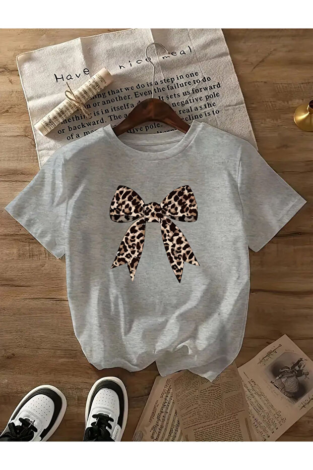 Basic T-Shirt with Leopard Pattern and Ribbon Detail - 1