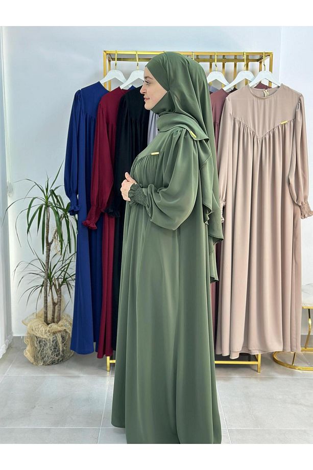 Tesettür Elbise,önü V Model Büzgülü,sufle Esarpla Takım.hijap ,khimar.hac Umre Için Uygundur Yeşil - 4