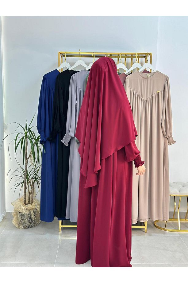 Tesettür Elbise,önü V Model Büzgülü,sufle Esarpla Takım.hijap ,khimar.hac Umre Için Uygundur Bordo - 7