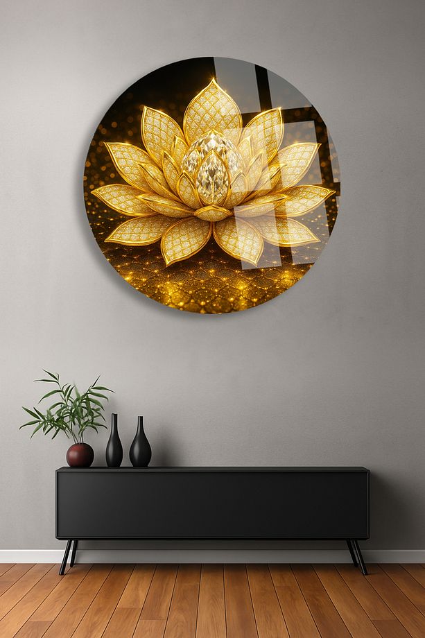 ALTIN LOTUS ÇİÇEĞİ ULRTA CANLI RENKLER KIRILMAZ LÜKS MODERN YUVARLAK CAM TABLO EV HEDİYESİ - 2