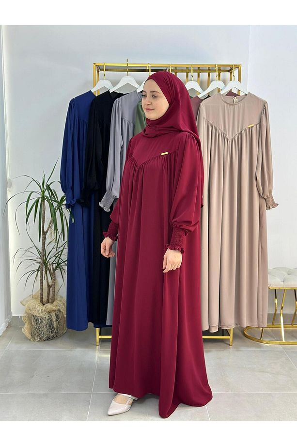Tesettür Elbise,önü V Model Büzgülü,sufle Esarpla Takım.hijap ,khimar.hac Umre Için Uygundur Bordo - 5