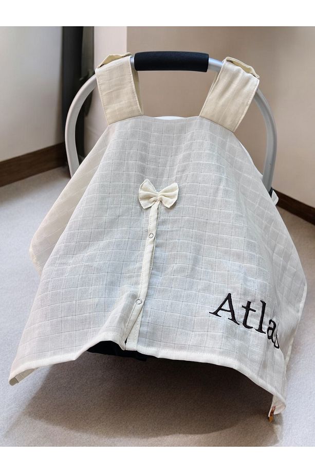 ( İsim Nakışlı )Tek Kat Müslin Kumaş Çıt Çıtlı Puset Örtüsü  75x100cm (Ekru) - 3