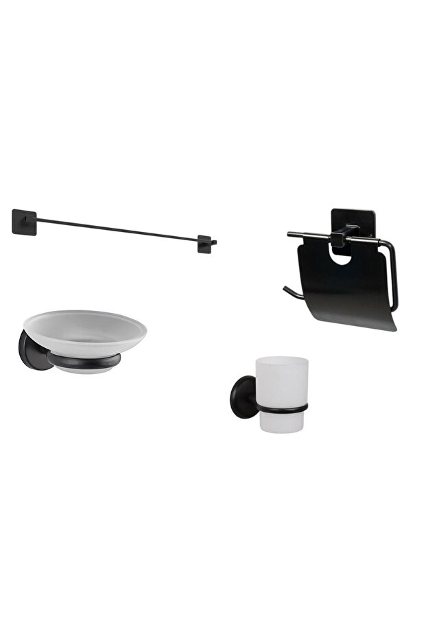 Adhesive Black Bathroom Set 4 Piece Long Towel Holder with Lid Paper Holder Toothbrush Holder Soap Dish