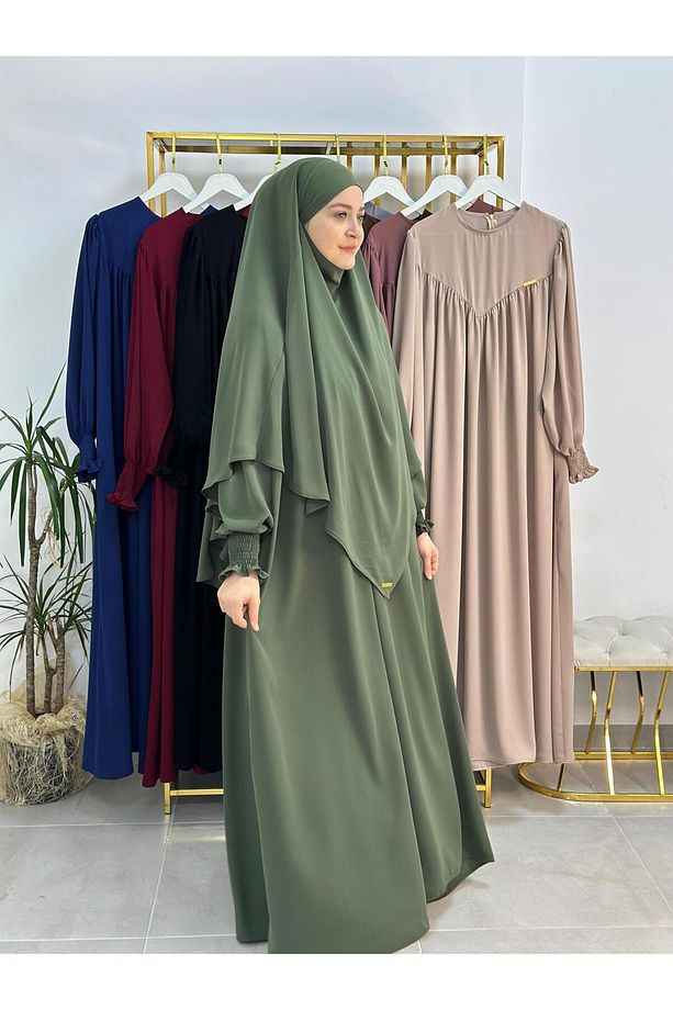 Tesettür Elbise,önü V Model Büzgülü,sufle Esarpla Takım.hijap ,khimar.hac Umre Için Uygundur Yeşil - 2