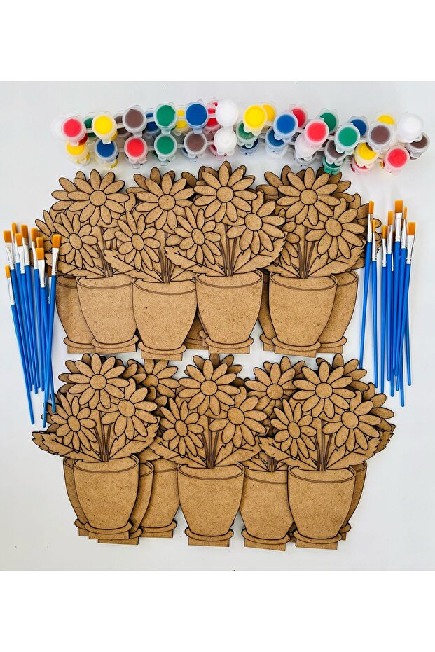 Wooden Painting Toy Set – 20 Vase Figures + 10 Acrylic Paints + 20 Brushes | Group Activity Package