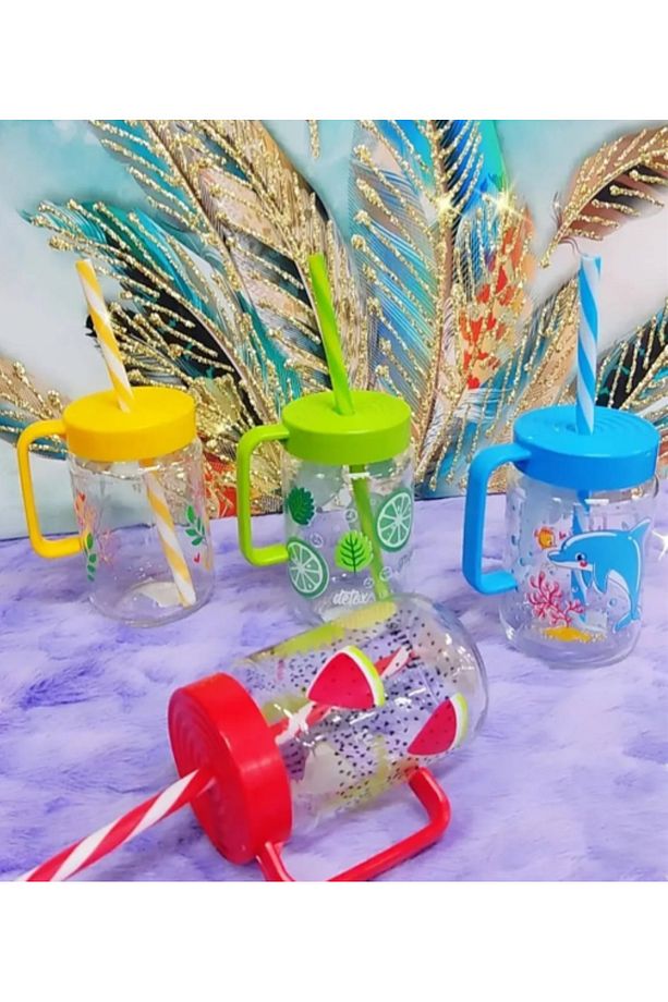 4 lü 370 Cc Desenli Pipetli Kulplu Cam Bardak / BPA Free - 2