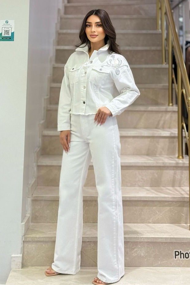 Taşlı beyaz denim ceket - 3