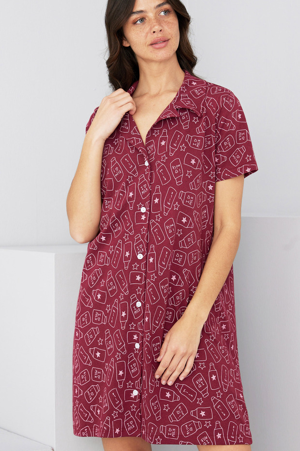 Burgundy Patterned Buttoned Shirt Collar Nightgown Dress 7830