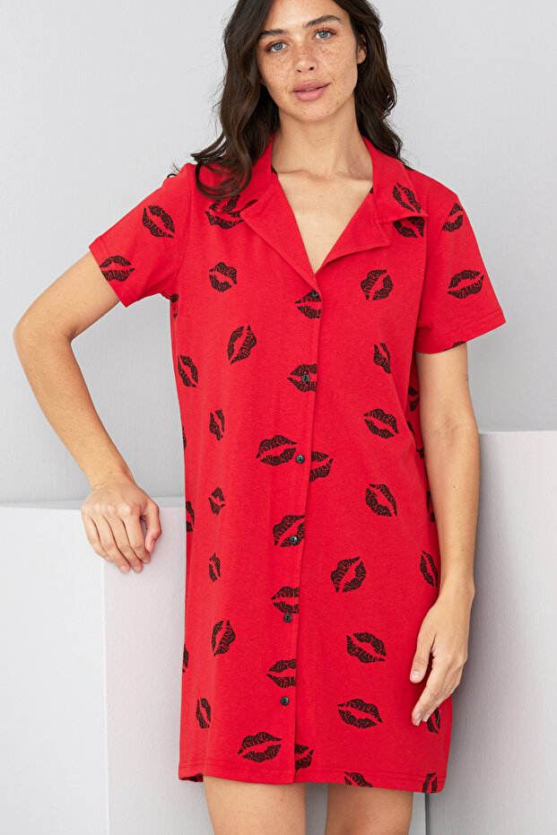 Red Black Lip Print Button-Down Shirt Collar Nightgown Dress 7830