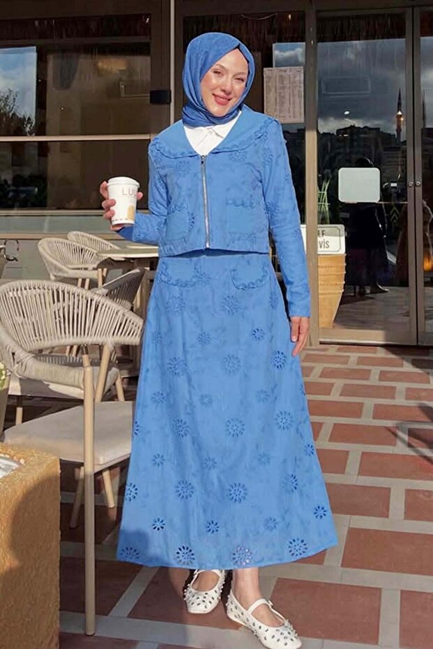 Collared Embroidery Suit Blue 3016