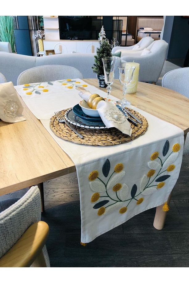 Punch Nakışlı Runner & Amerikan Servisi & Masa Örtüsü & Sehpa Örtüsü 40*130 Cm, Duck Kumaş - 6