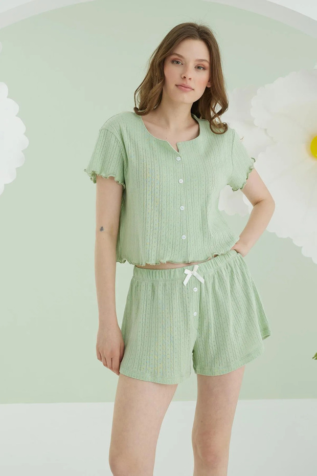 Crop & Shorts Set, Front Buttoned, Green, Self Patterned - 1