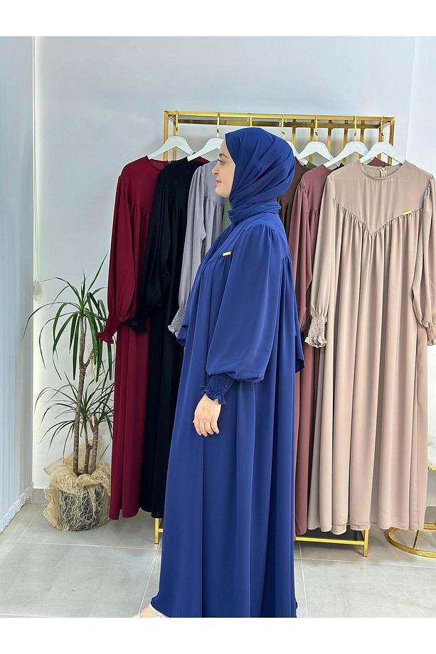 sallı ,önü V model büzgülü tesettür elbise takım ,ferrace,abaya, hicab,hac ve umre için uygun indigo - 4
