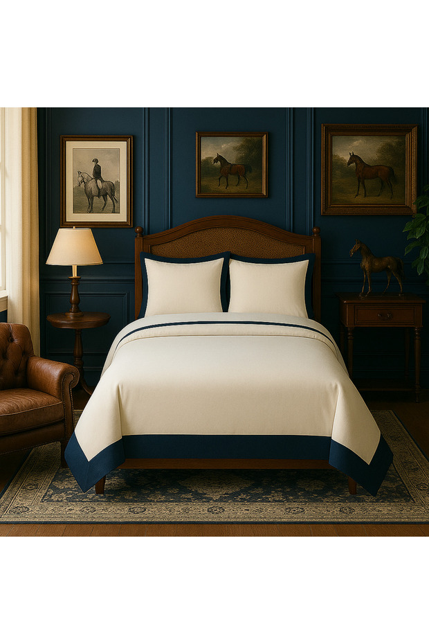 Sea Diary Series Cotton Satin Bedding Set Double White Navy Blue Color