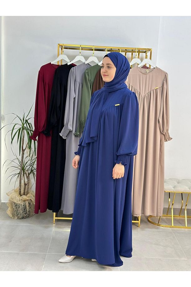 sallı ,önü V model büzgülü tesettür elbise takım ,ferrace,abaya, hicab,hac ve umre için uygun indigo - 2