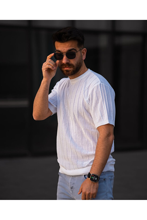 BİSİKLET YAKA FİTİLLİ TRİKO ÖRME TİŞÖRT - 1