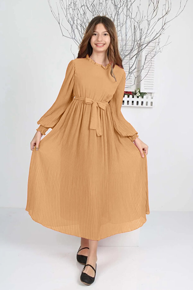 Genç Kız Uzun Boydan Pliseli Şifon Tesettür Elbise - 1