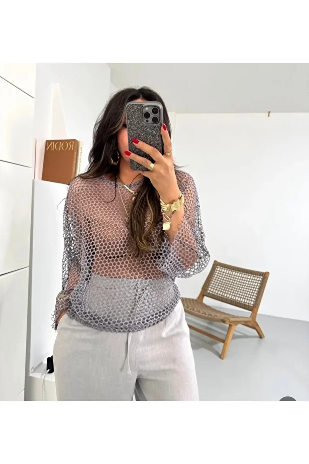 Sim detaylı Oversize File Bluz - 2