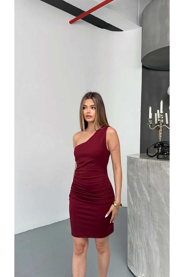 Dalgıç Kumaş Tek Omuz Şık Rahat Mini Elbise - 3
