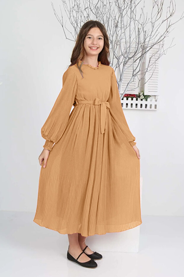 Genç Kız Uzun Boydan Pliseli Şifon Tesettür Elbise - 4