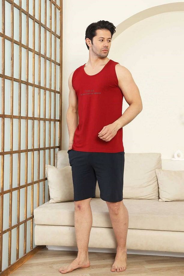 Erkek Bisiklet Yaka Düğmesiz %100 Pamuk Atlet Sporcu Kol Cepli Şortlu Pijama Takımı - 3