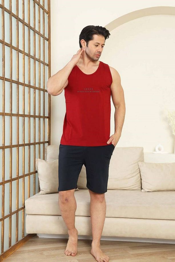 Erkek Bisiklet Yaka Düğmesiz %100 Pamuk Atlet Sporcu Kol Cepli Şortlu Pijama Takımı - 6