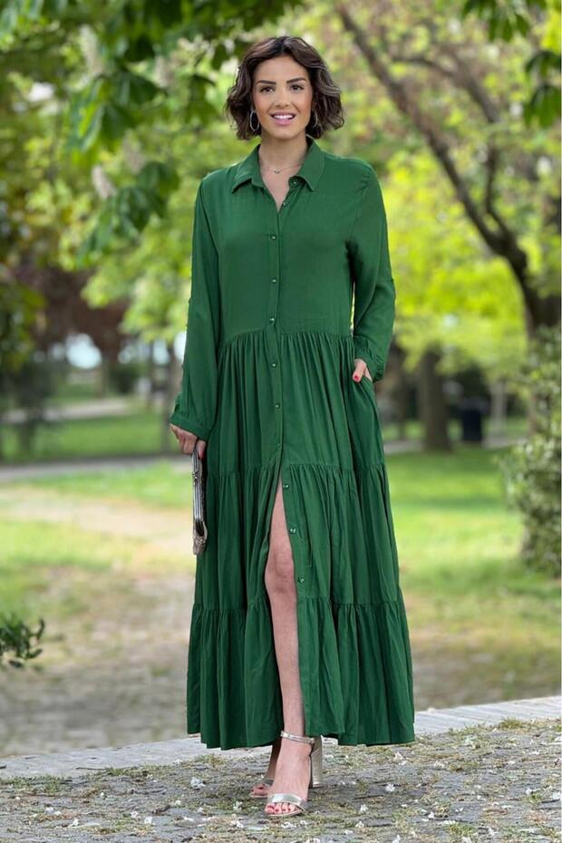 Green Color Flounced Shirt Dress