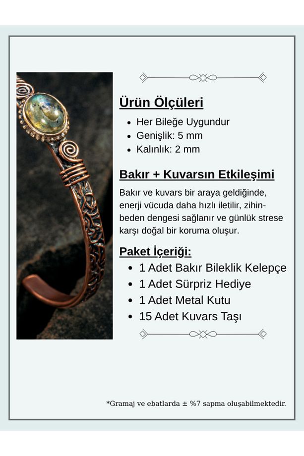 Bakır Kelepçe Bilezik Labradorit Doğal Taş Erkek Kadın Kuvars Taşı ve Metal Kutulu - 3