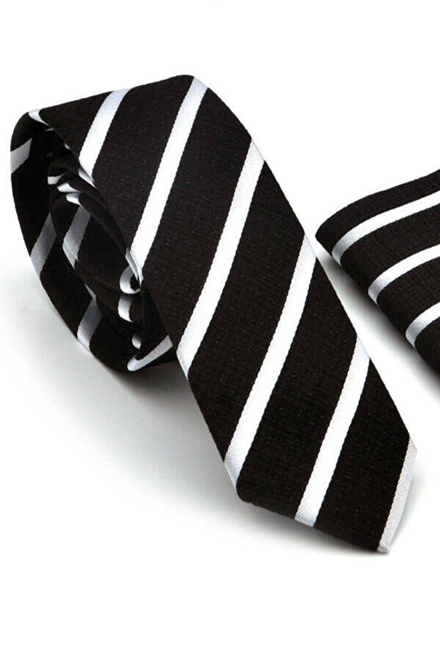 Slim Fit Ties with White Stripe and Black Woven Fabric Handkerchief / Sdk-220701