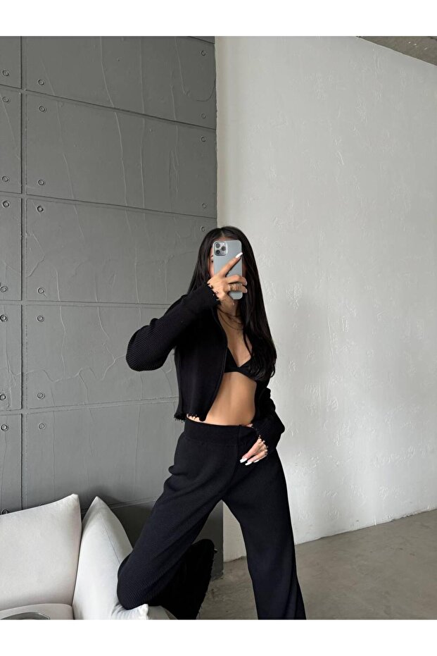 Dgn's Zippered 2-Piece Cardigan-Pants Suit