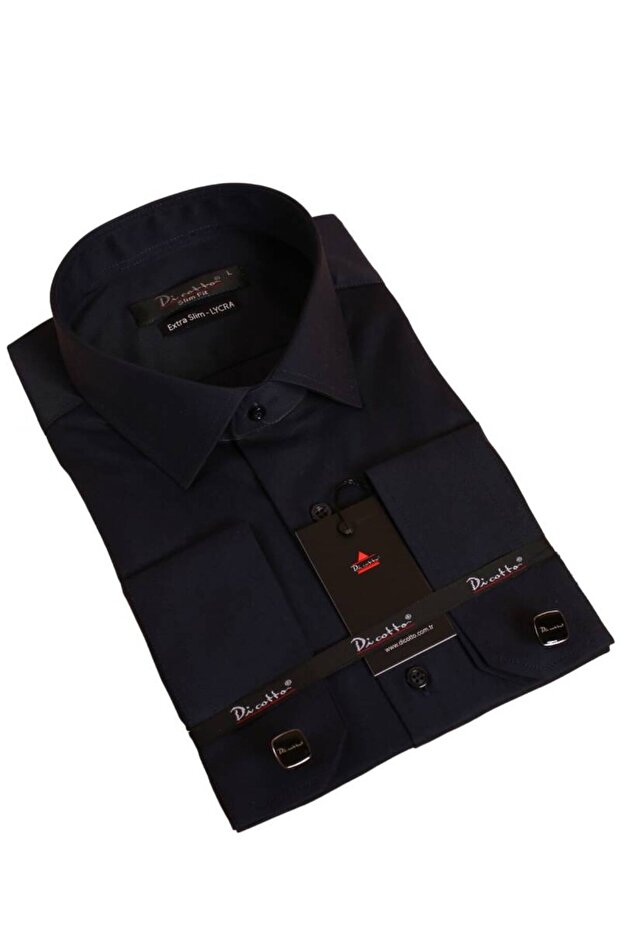 Navy Blue Extra Slim Fit Stretch Fabric Stretchy Micro Fabric Sleeve Buttoned Men's Shirt - 195-12