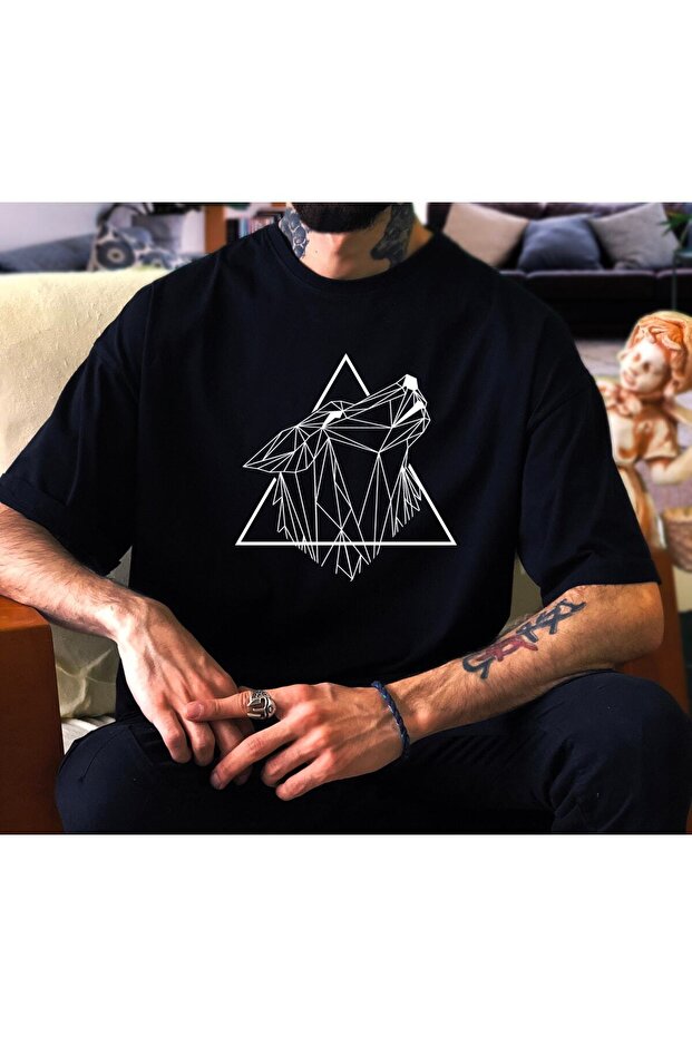 Unisex Wolf Patterned Black Oversize T-Shirt