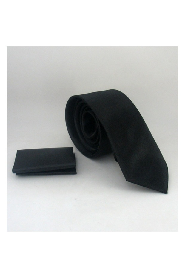Black Slim Fit Solid Color Satin Tie with Handkerchief - Ss-01