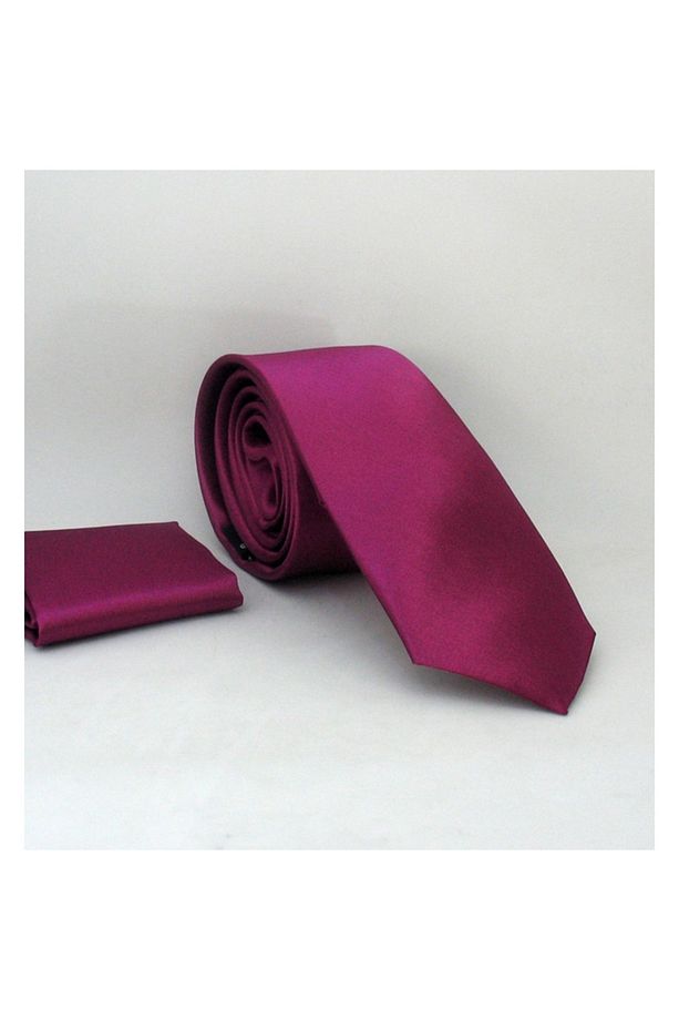 Mürdüm Slim Fit Düz Renk Mendilli Saten Kravat - Ss-06 - 1