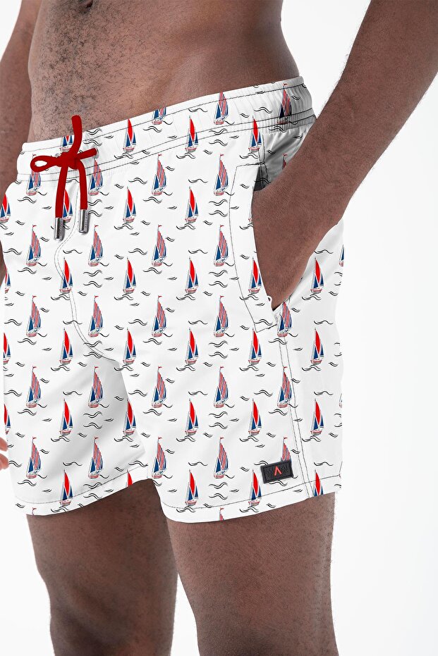 Water Repellent Digital Printed Men's Beach Shorts Swimsuit - 205-White