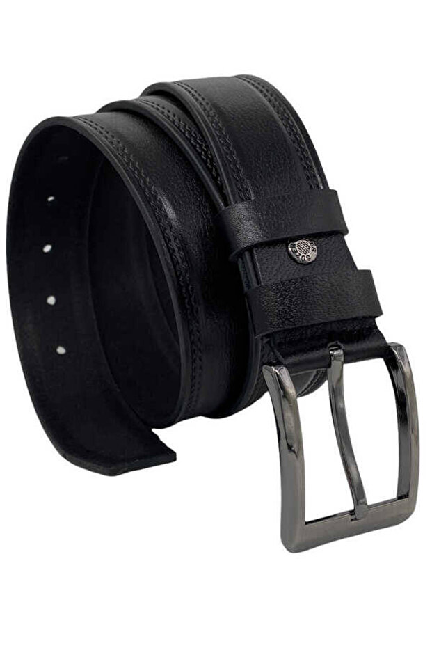 Black Genuine Leather Patterned Double Stitched 4 cm Sports Jeans Belt - 400-28-22Y