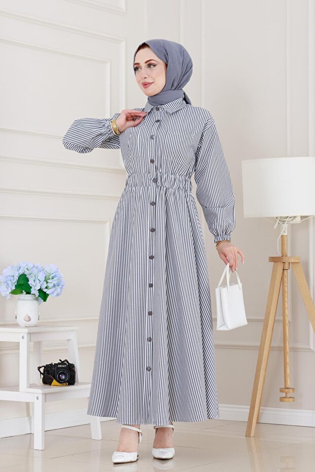 Gray Striped Buttoned Dress - 2