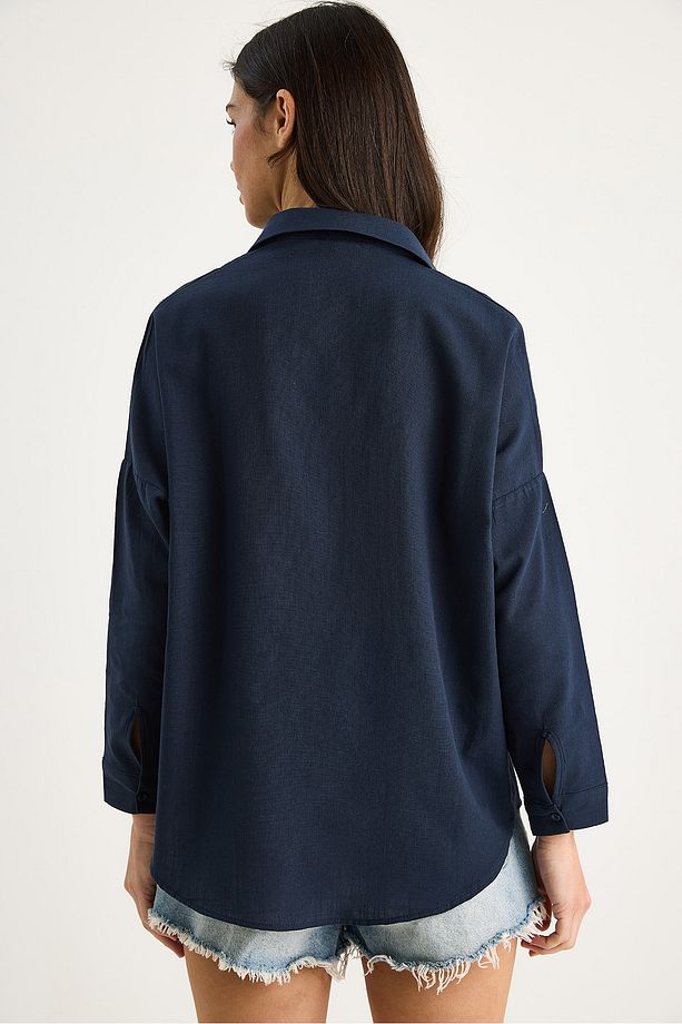 Kadın Tek Cepli Oversize Keten Gömlek 25626 60284054 - 7