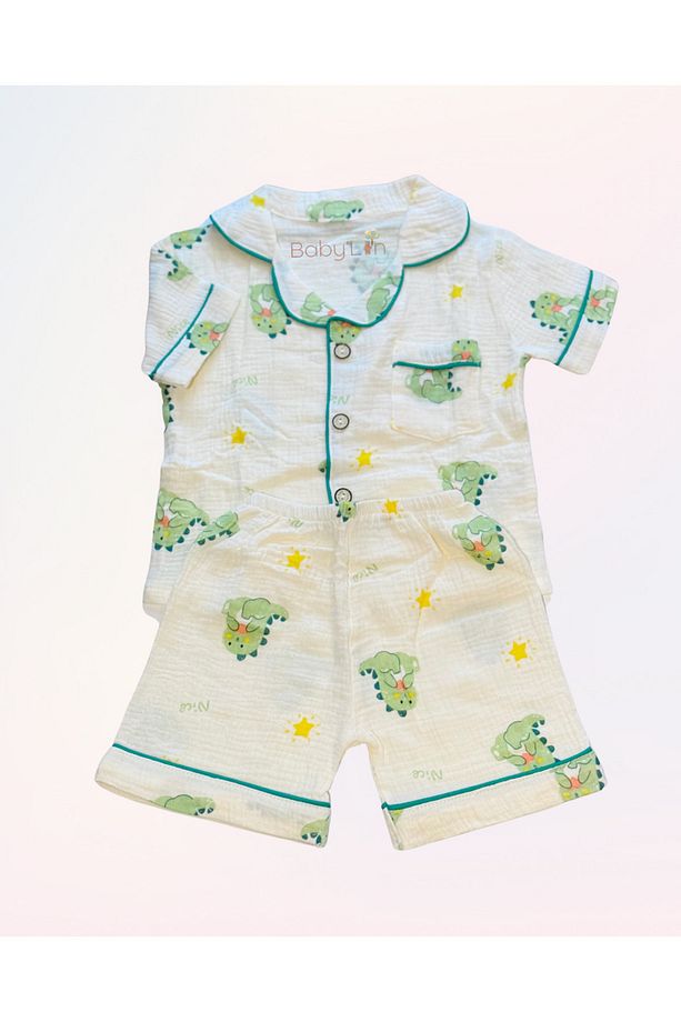 Müslin Kumaş %100 Pamuk Çocuk Pijama Takımı Sevimli Dinazor Desenli 100-110CM 3,5-5 Yaş / Kısa Kollu - 5
